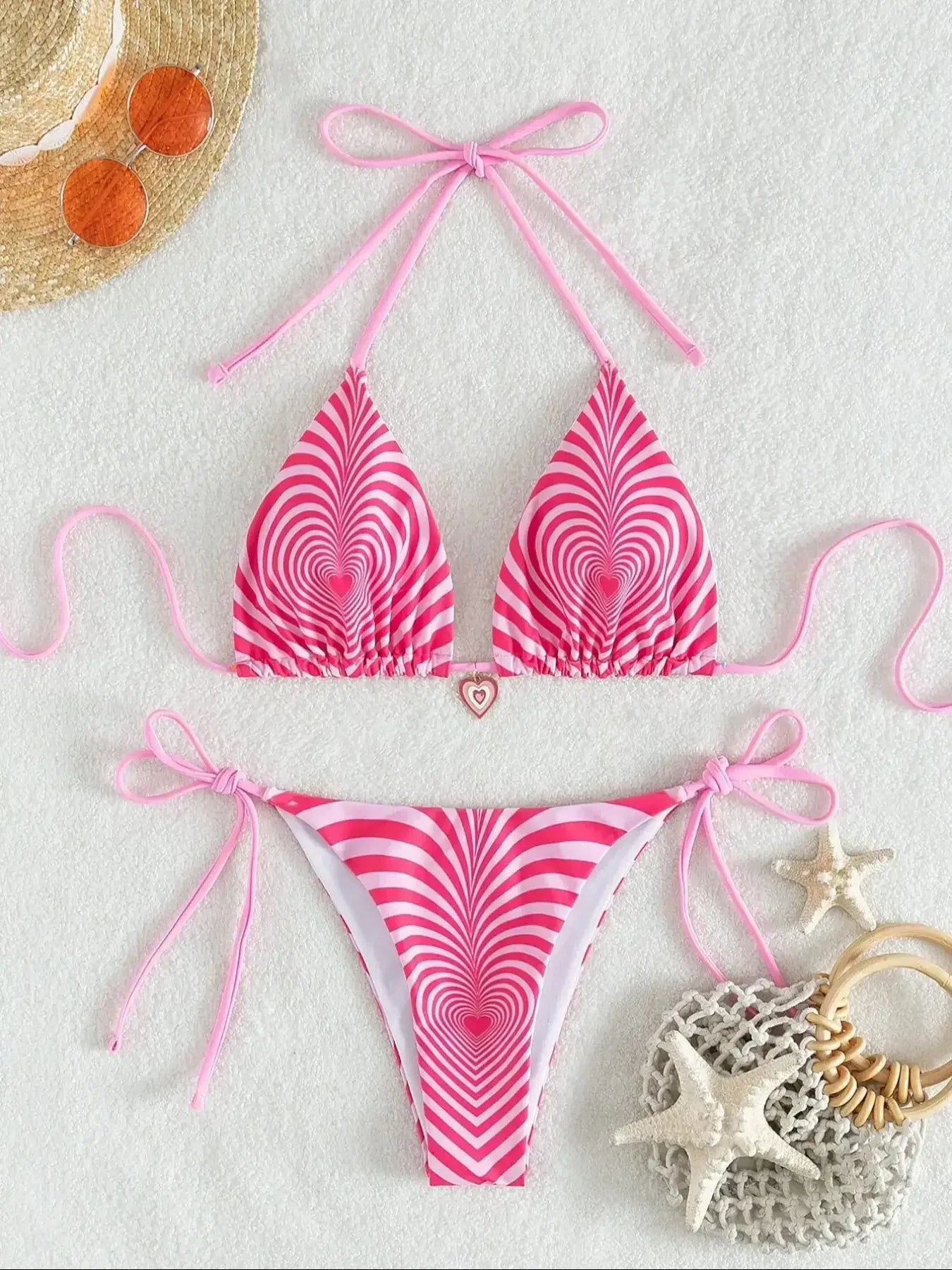 Pink Heart-shaped Stripe Print Two Piece Swimsuit