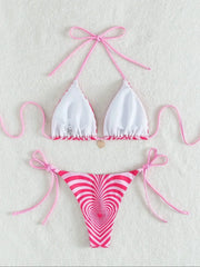 Pink Heart-shaped Stripe Print Two Piece Swimsuit