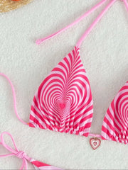 Pink Heart-shaped Stripe Print Two Piece Swimsuit