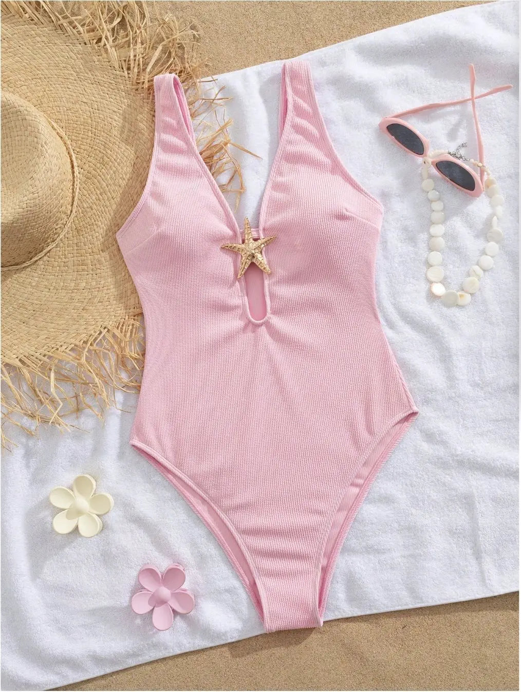 Pink One Piece Swimsuit Metal Starfish Ornament Hollow Out V Neck Tummy Control Swimwear Beach Bathing Suit Monokini