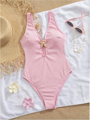 Pink One Piece Swimsuit Metal Starfish Ornament Hollow Out V Neck Tummy Control Swimwear Beach Bathing Suit Monokini
