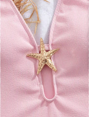 Pink One Piece Swimsuit Metal Starfish Ornament Hollow Out V Neck Tummy Control Swimwear Beach Bathing Suit Monokini