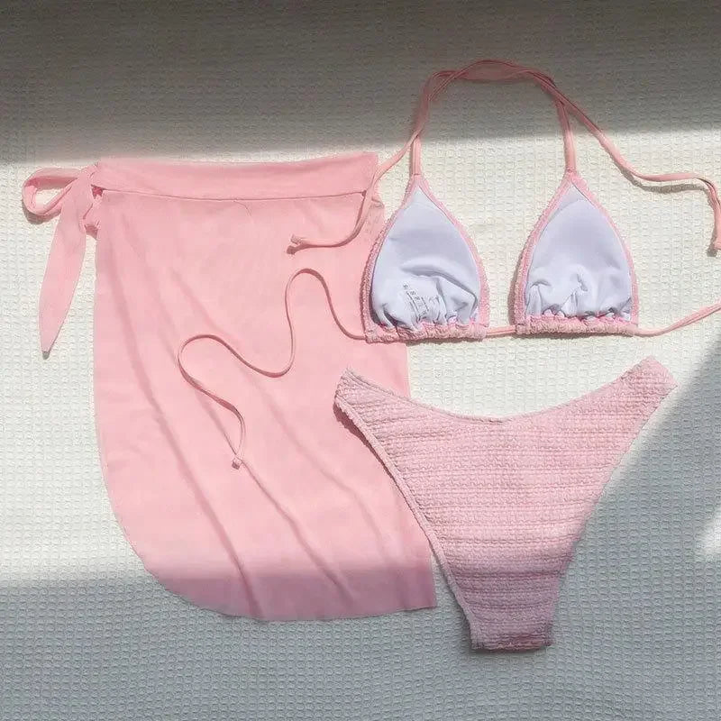 Pink Solid Color 3-piece Swimsuit Beach Skirt Bikini V-neck Halter Backless Bathing Suit Beach Swimwear