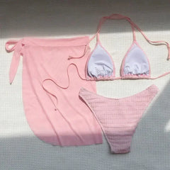 Pink Solid Color 3-piece Swimsuit Beach Skirt Bikini V-neck Halter Backless Bathing Suit Beach Swimwear