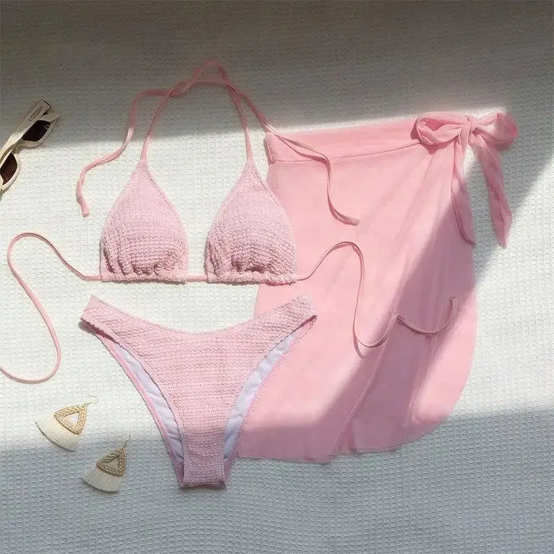 Pink Solid Color 3-piece Swimsuit Beach Skirt Bikini V-neck Halter Backless Bathing Suit Beach Swimwear