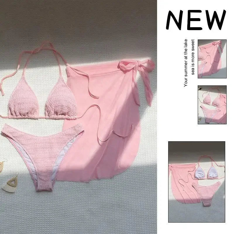 Pink Solid Color 3-piece Swimsuit Beach Skirt Bikini V-neck Halter Backless Bathing Suit Beach Swimwear