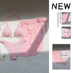 Pink Solid Color 3-piece Swimsuit Beach Skirt Bikini V-neck Halter Backless Bathing Suit Beach Swimwear