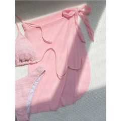Pink Solid Color 3-piece Swimsuit Beach Skirt Bikini V-neck Halter Backless Bathing Suit Beach Swimwear