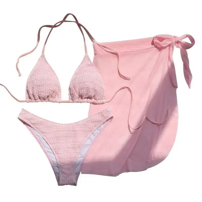 Pink Solid Color 3-piece Swimsuit Beach Skirt Bikini V-neck Halter Backless Bathing Suit Beach Swimwear