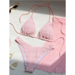 Pink Solid Color 3-piece Swimsuit Beach Skirt Bikini V-neck Halter Backless Bathing Suit Beach Swimwear