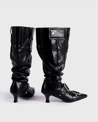 Rebecca Buckle Rivet Relaxed Knee High Boots In Black