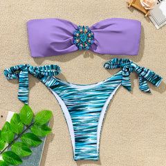 Rhinestone Flower Accessories Swimsuit 2-piece Mini Bikini Strapless Backless Bathing Suit Beach Swimwear