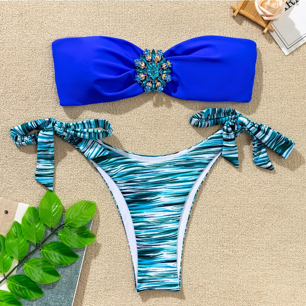 Rhinestone Flower Accessories Swimsuit 2-piece Mini Bikini Strapless Backless Bathing Suit Beach Swimwear
