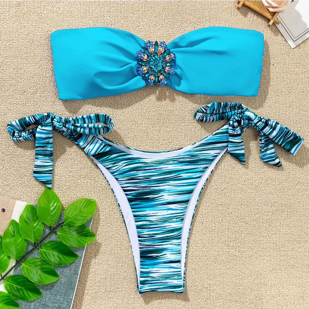 Rhinestone Flower Accessories Swimsuit 2-piece Mini Bikini Strapless Backless Bathing Suit Beach Swimwear