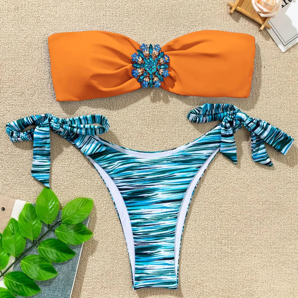 Rhinestone Flower Accessories Swimsuit 2-piece Mini Bikini Strapless Backless Bathing Suit Beach Swimwear