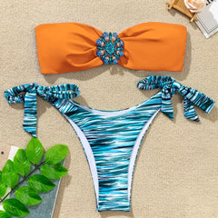 Rhinestone Flower Accessories Swimsuit 2-piece Mini Bikini Strapless Backless Bathing Suit Beach Swimwear