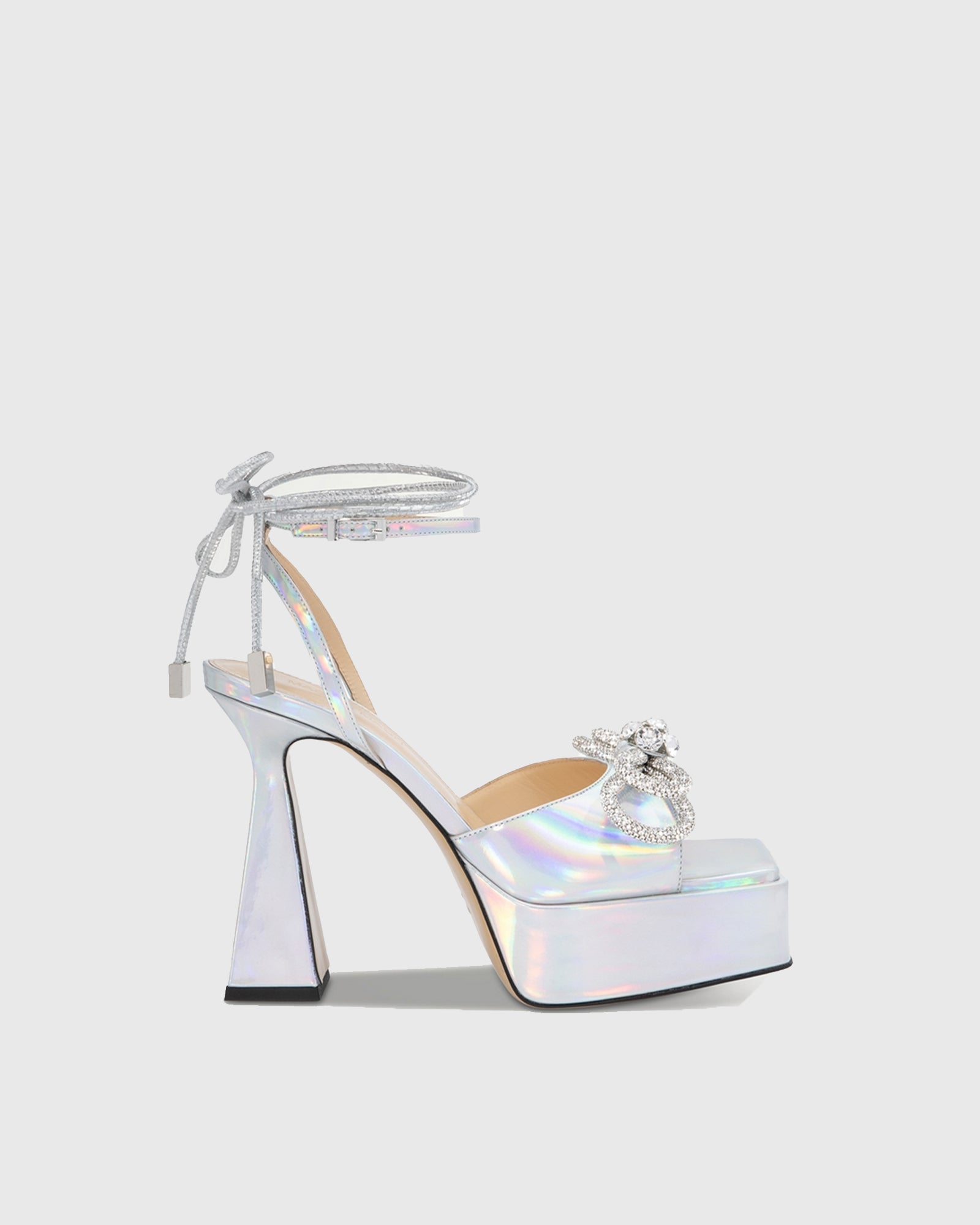 Rina Crystal Bow Lace Up Platform Flared Heels In Silver