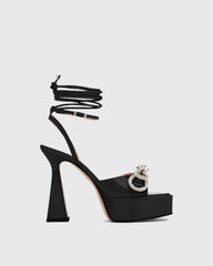 Rina Crystal Bow Lace Up Platform Flared Sandals In Black