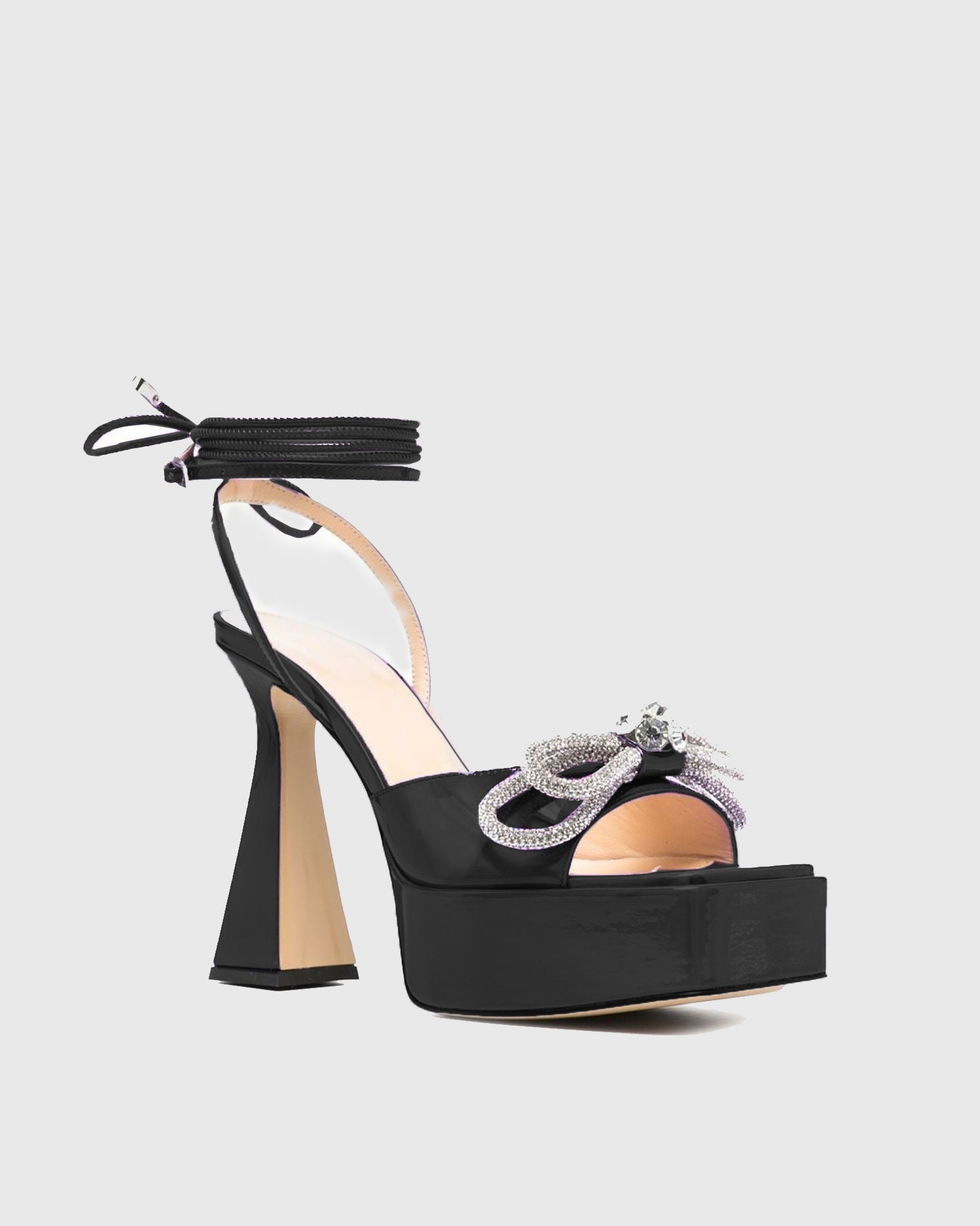 Rina Crystal Bow Lace Up Platform Flared Sandals In Black