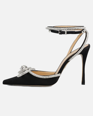 Rina Crystal Bow Satin Strap Pumps In Black
