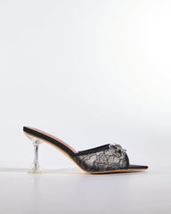 Rina Diamond Bow Lace Flared Heels In Black
