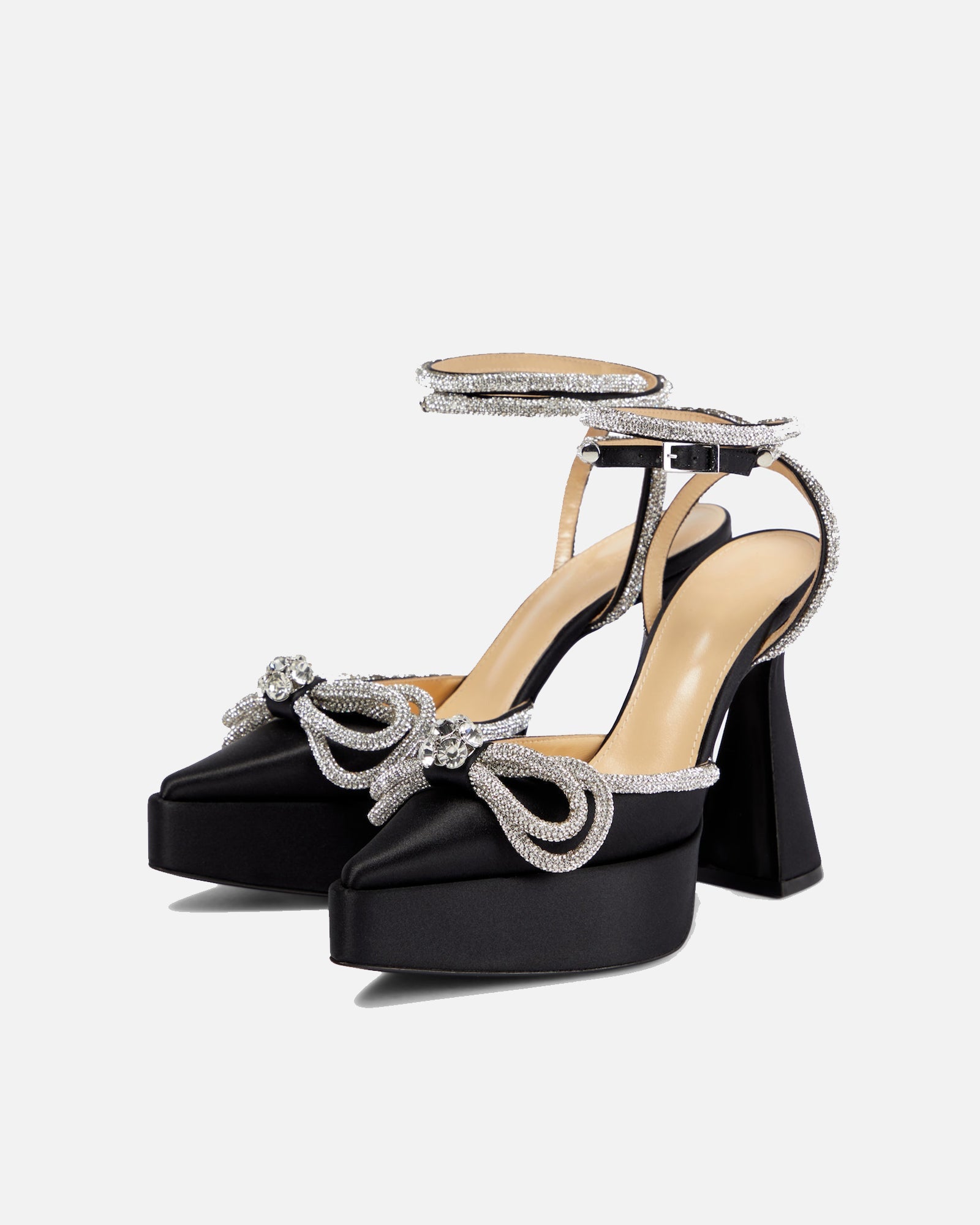 Rina Crystal Bow Platform Flared Heels In Black