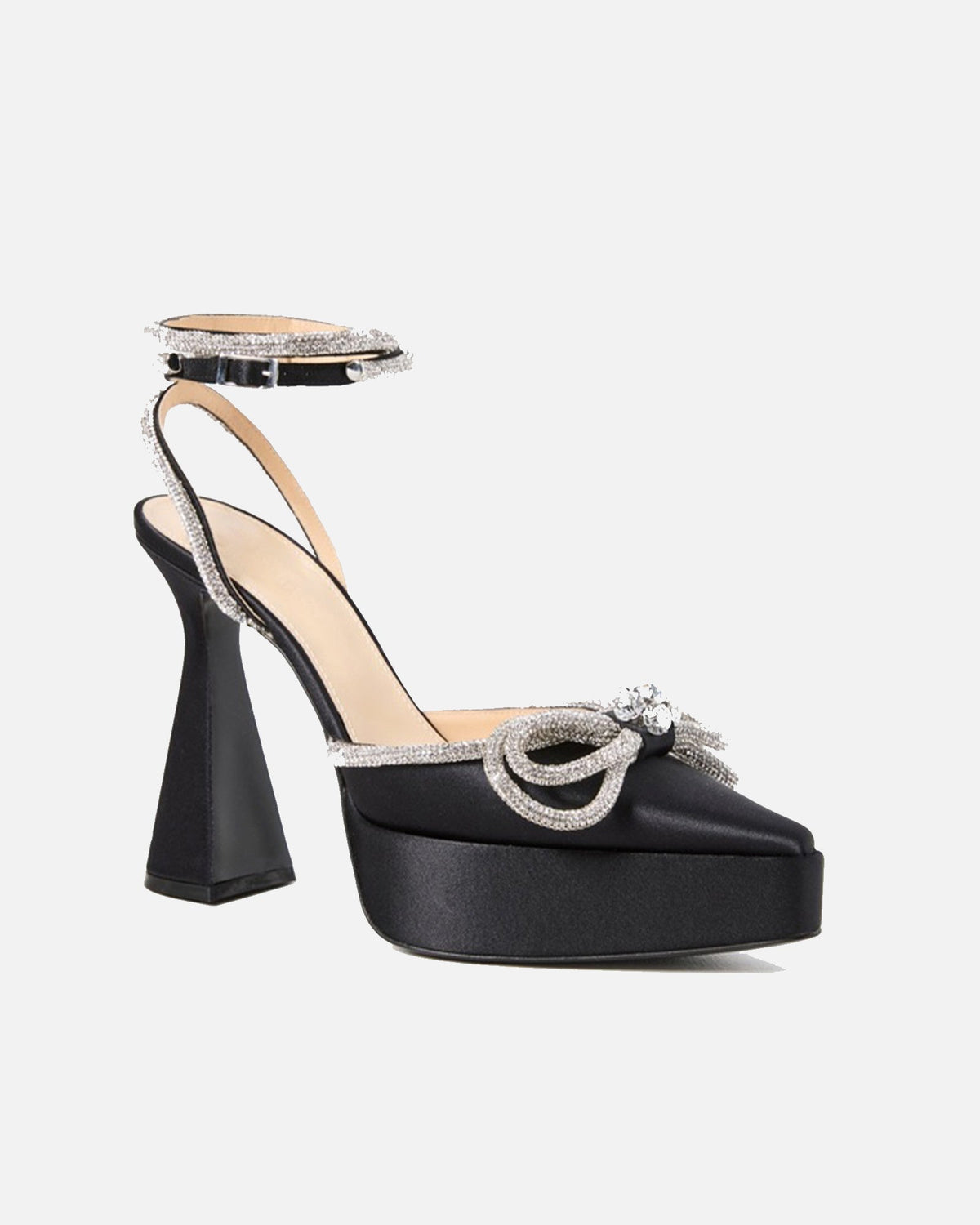 Rina Crystal Bow Platform Flared Heels In Black