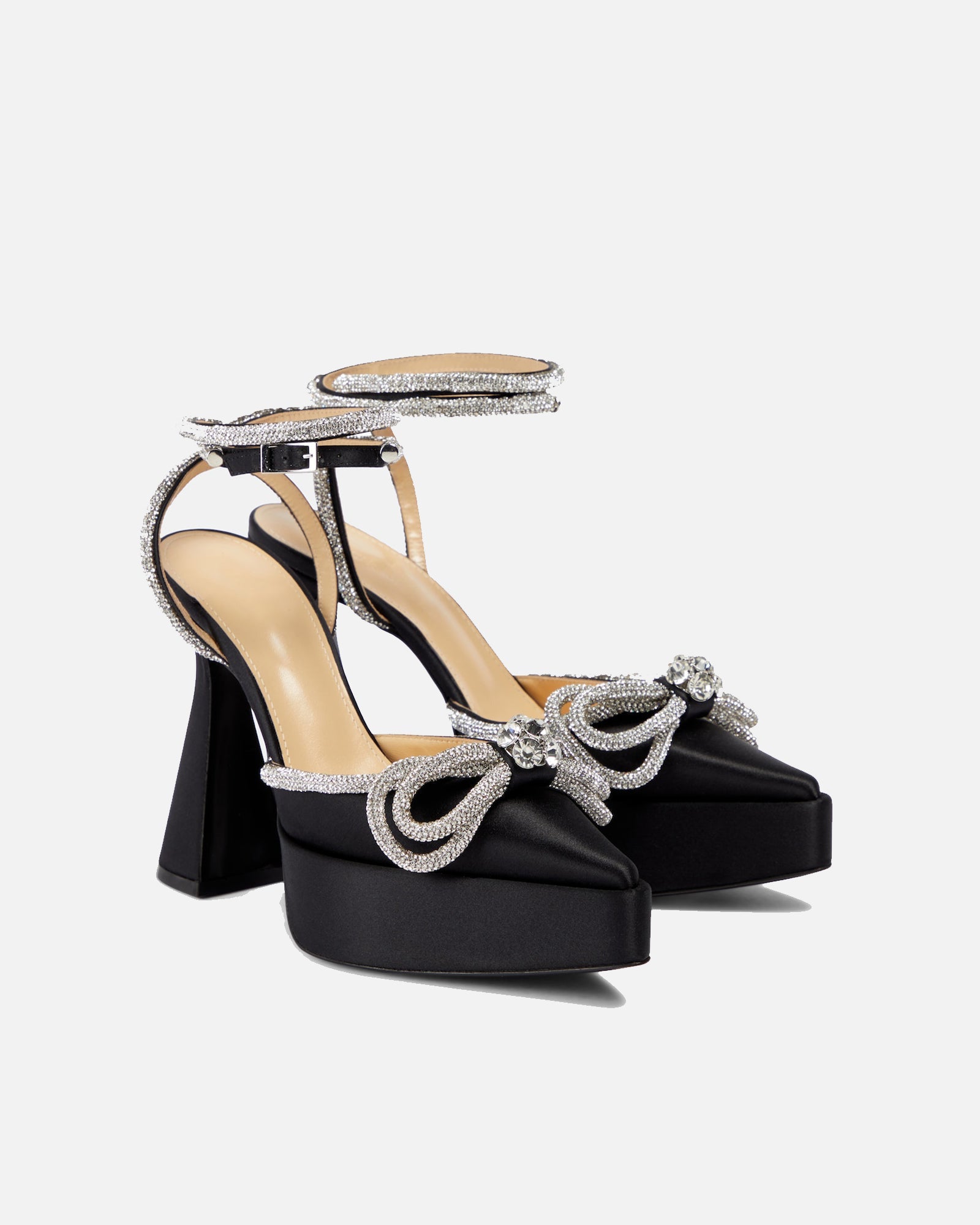 Rina Crystal Bow Platform Flared Heels In Black
