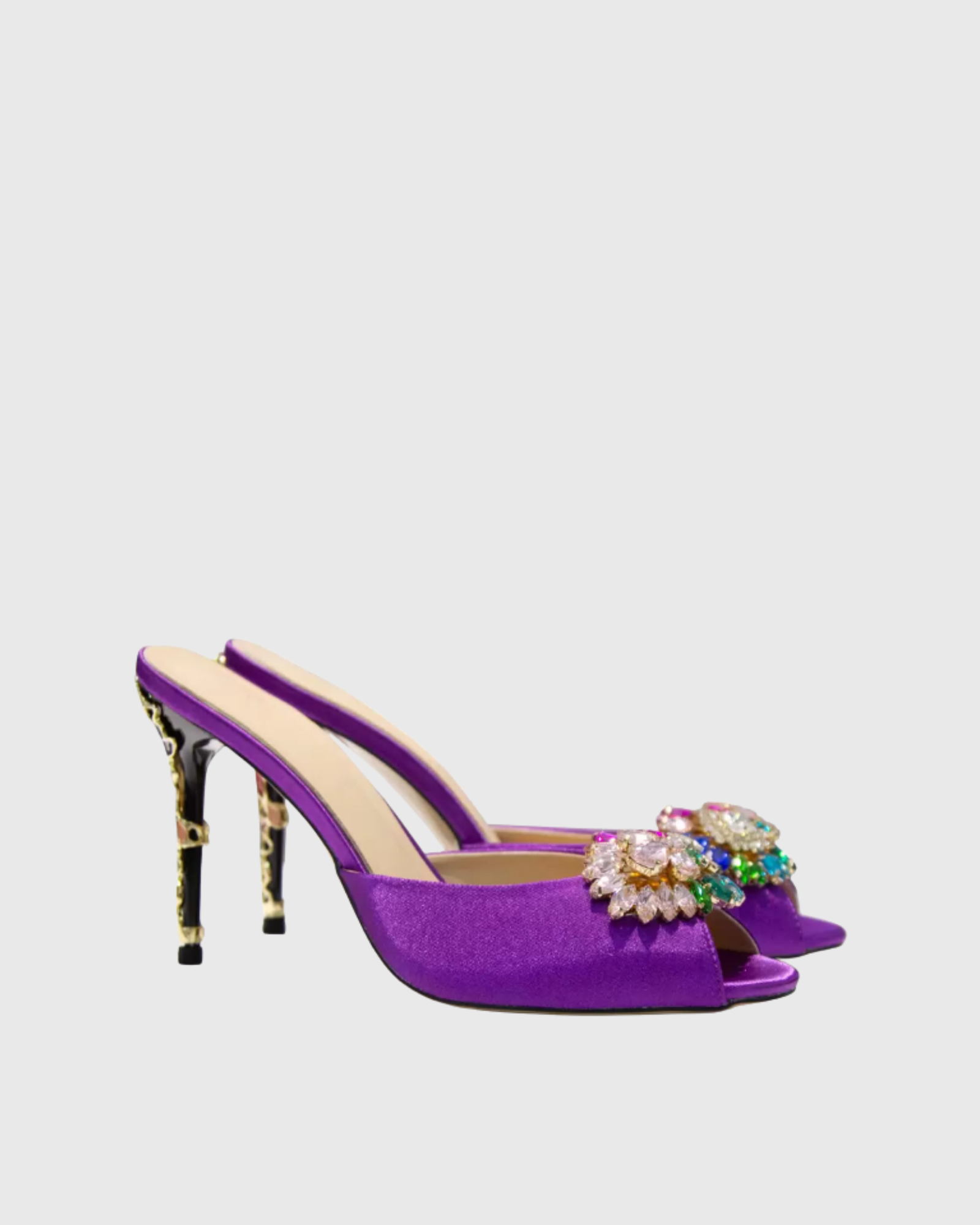 Rosalba Multicolor Crystal Satin Mules In Purple