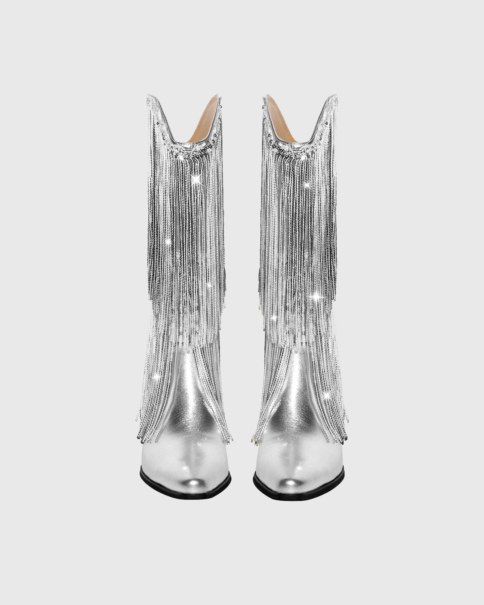 Rosana Rhinestone Fringe Leather Cowboy Mid Calf Boots In Silver