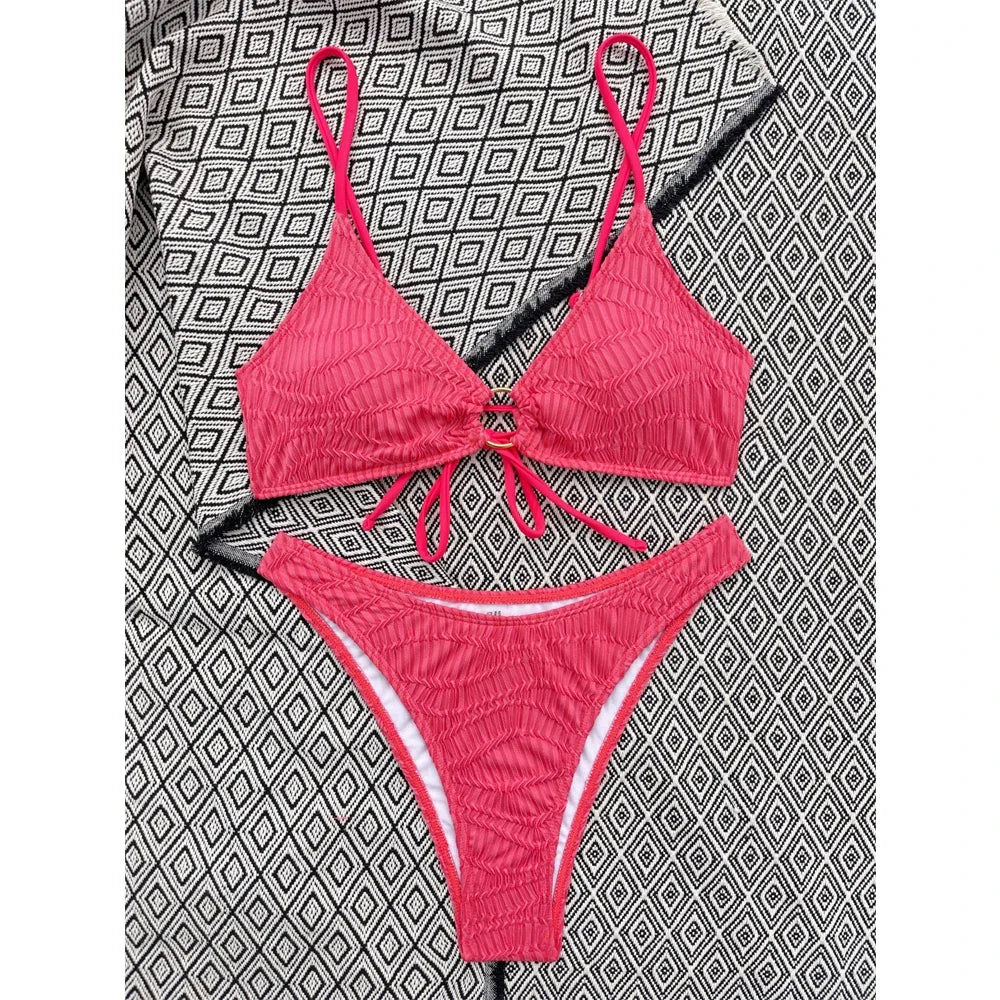 Rose Red High Waist 2-piece Swimsuit Solid Color V-neck Suspender Bikini Backless Bathing Suit Beach Swimwear