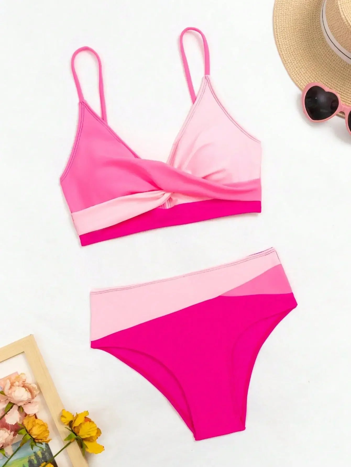 Rose Red Patchwork 2 Piece Swimsuit
