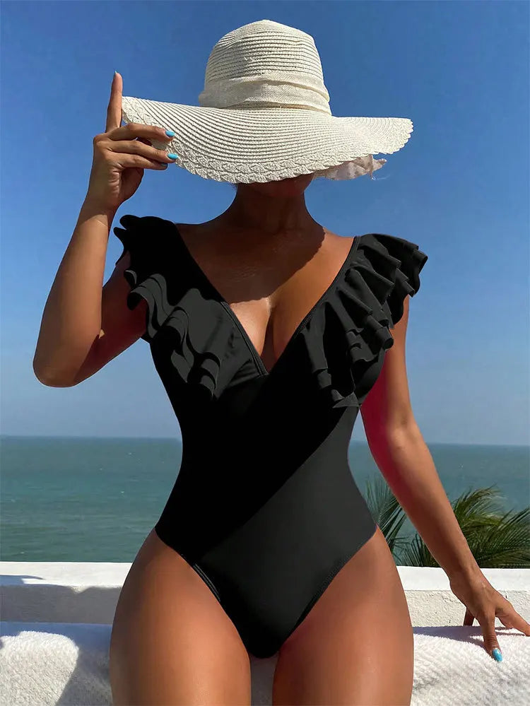Rose Red Swimwear Ruffle One Piece Bikini Solid Color Big V-Neck Slim Monokini Beachwear Swimsuit
