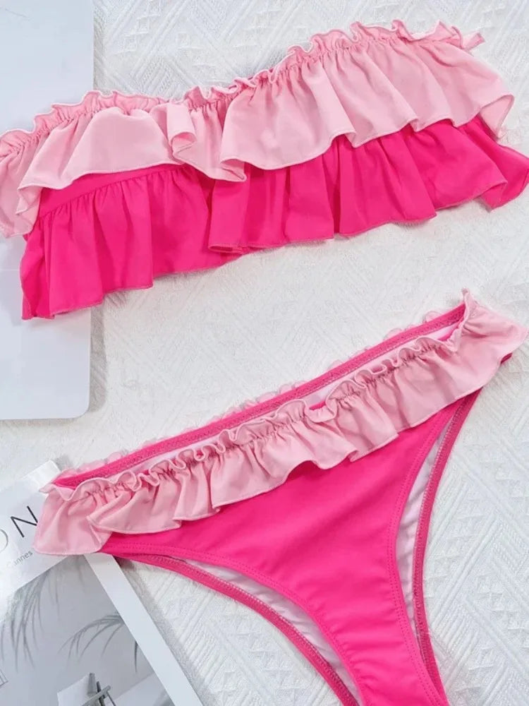 Ruffle Block Color Bikini Set