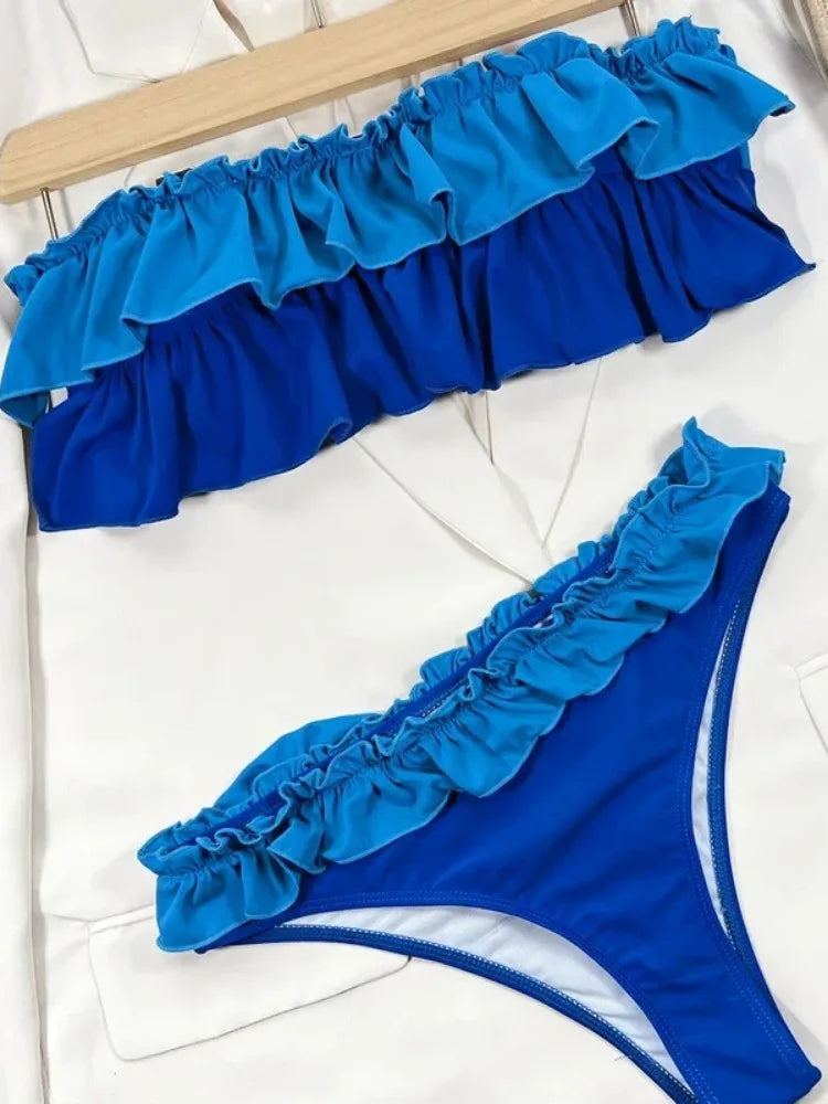 Ruffle Block Color Bikini Set