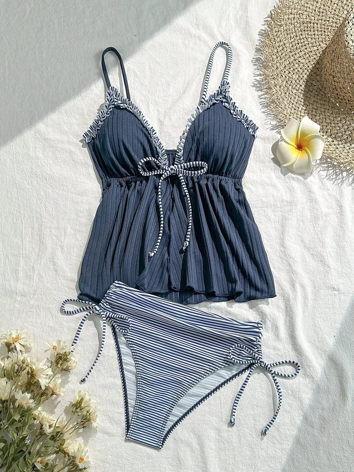 Ruffles Lace Trim Tank Top Bikinis Sets