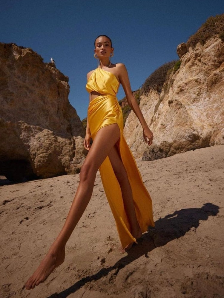 Tara Slant Shoulder High Slit Satin Celeb Dress