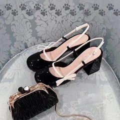 Mary Jane Shoes  Retro High Heels Thick Heels Colored Round Head Bow Back Empty Sandals Women