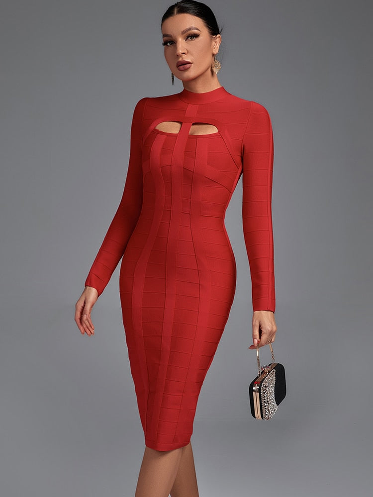 Cut-Out Long Sleeves Party Bandage Clubwear Midi Dress