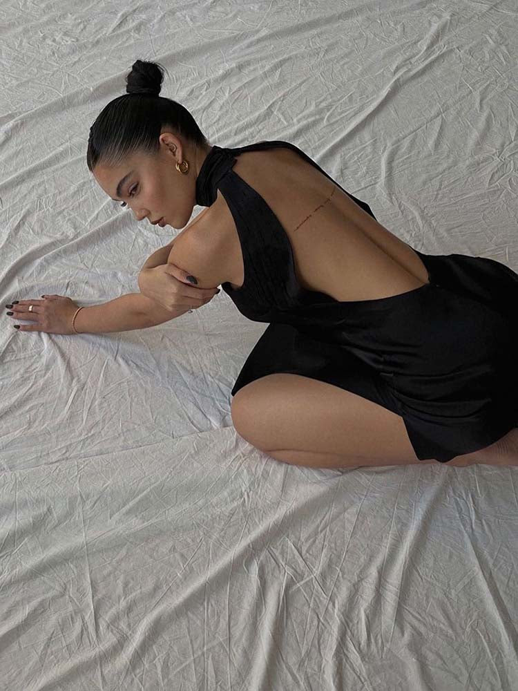 HIGH NECK SATIN WED PARTY DRESS