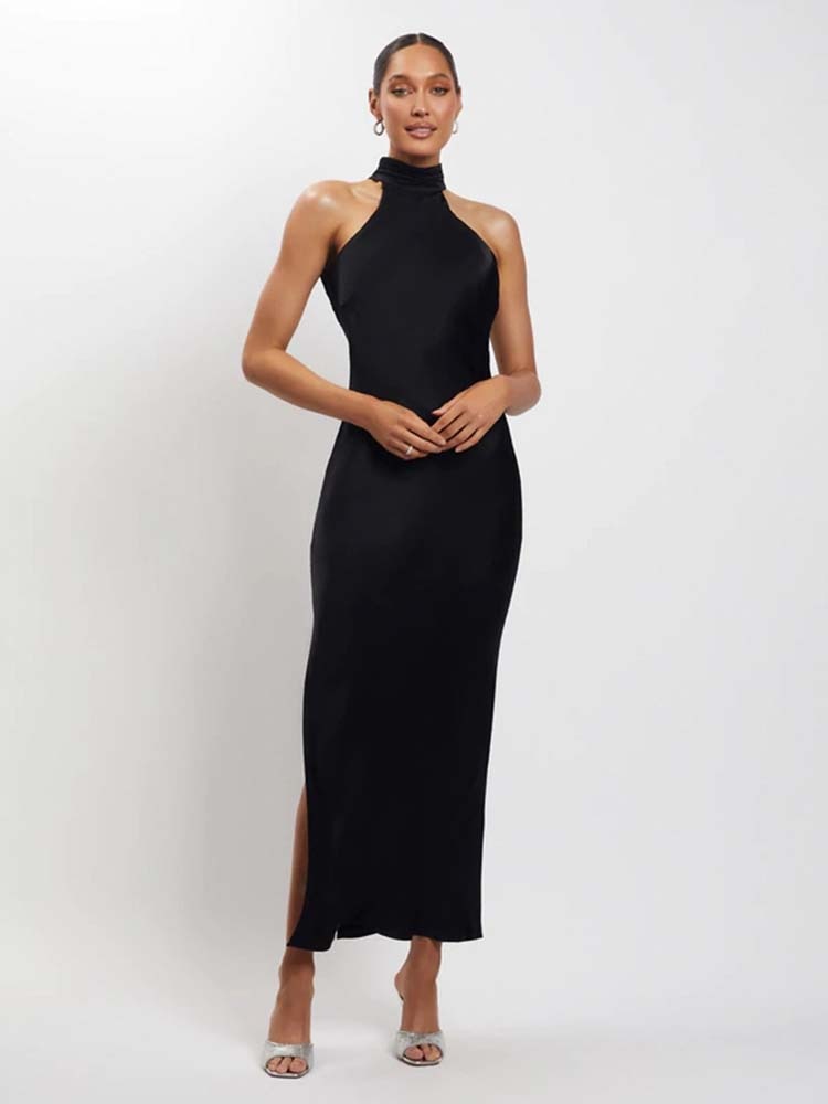 HIGH NECK SATIN WED PARTY DRESS