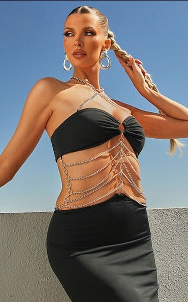 Aeika Halter Neck Wrap Chest Cutout Dress