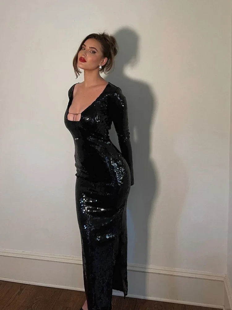 Galiva Sequined V-neck Backless Cutout Dress