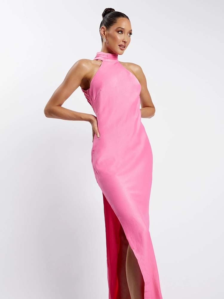 HIGH NECK SATIN WED PARTY DRESS