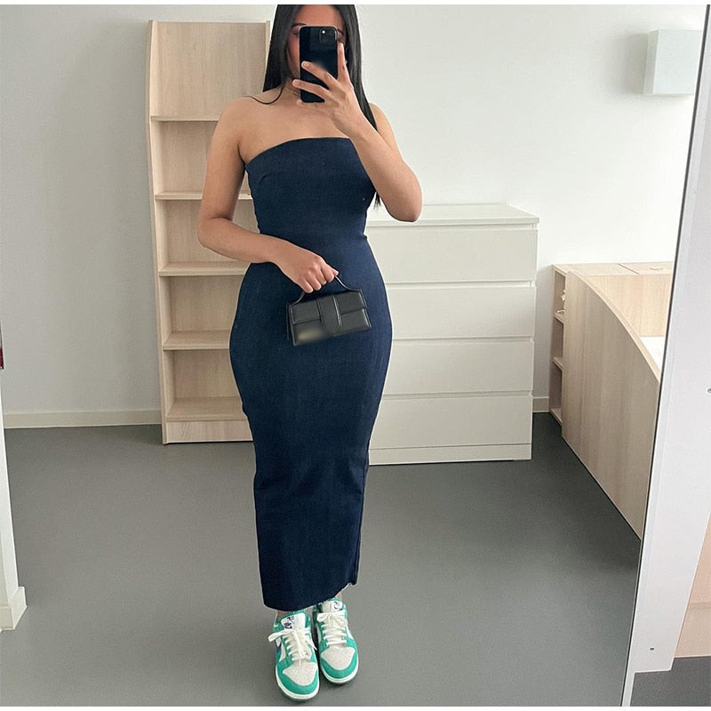Strapless Jean Slit Midi Dress