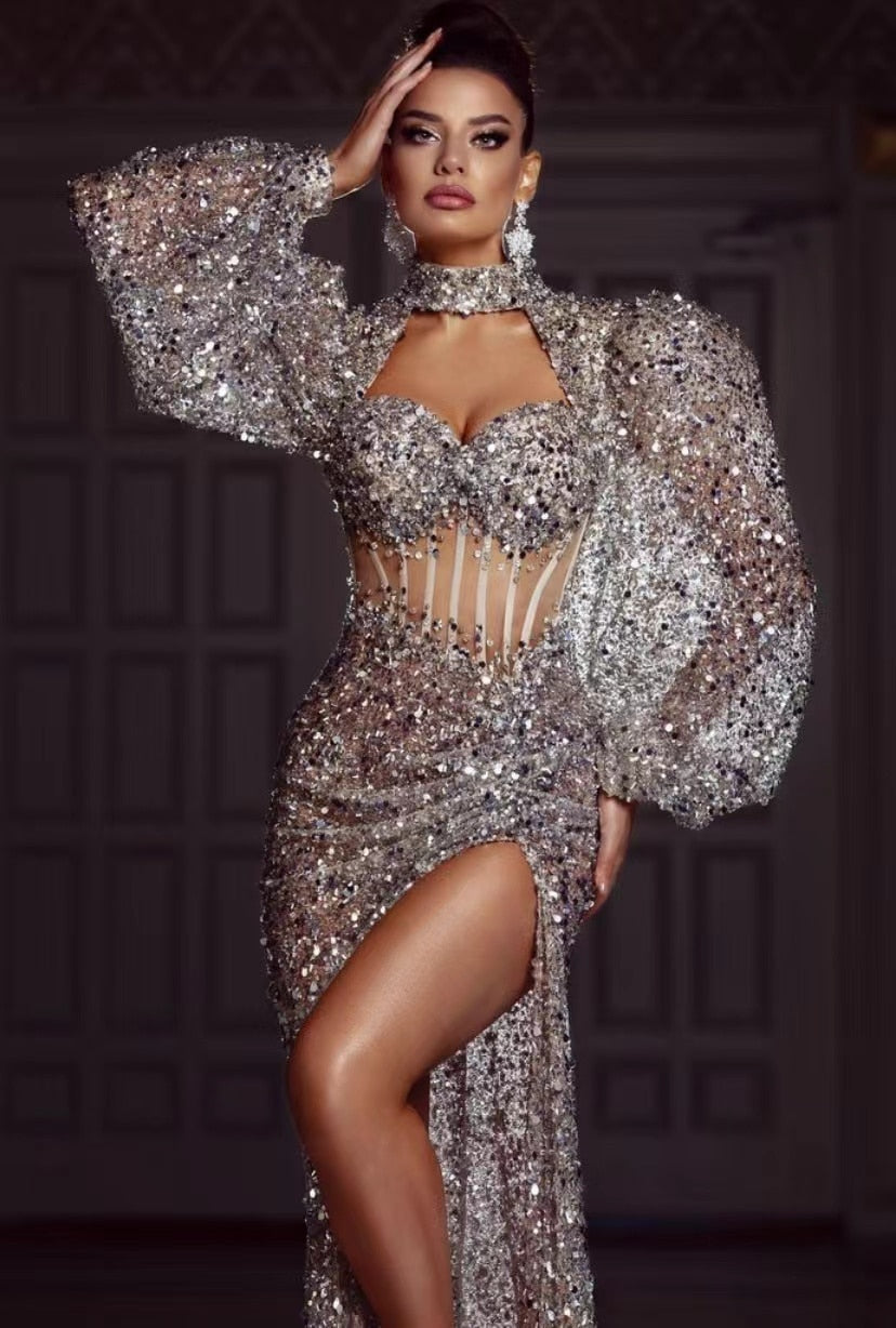 Bride Puff Sleeves Prom Dress-Silver