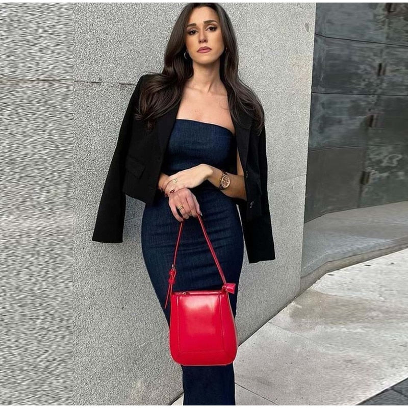 Strapless Jean Slit Midi Dress