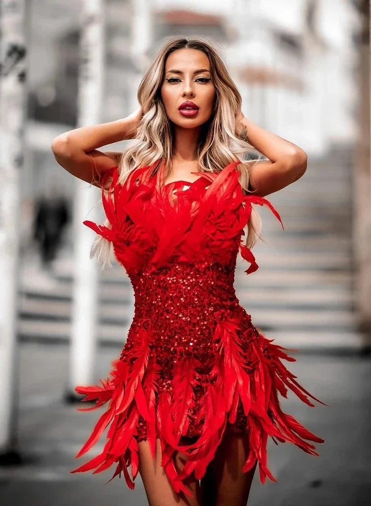 Red Paillette Feather Exclusive Dress
