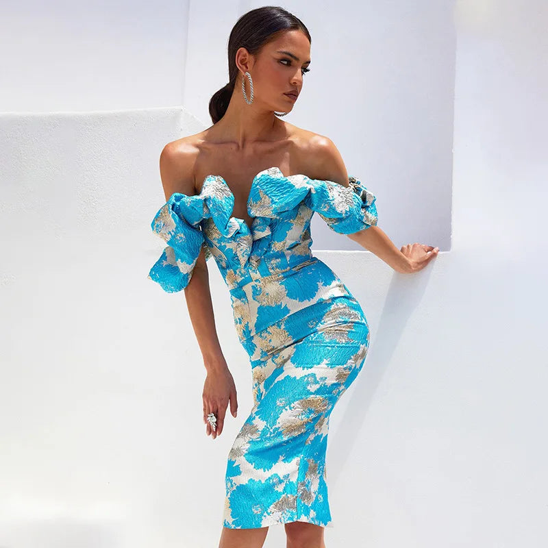 Elegant Jacquard Wrap Midi Celeb Dress