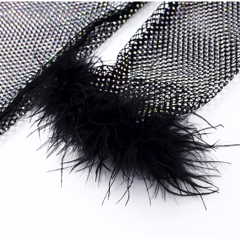 Mesh Feather Party Dress-Black